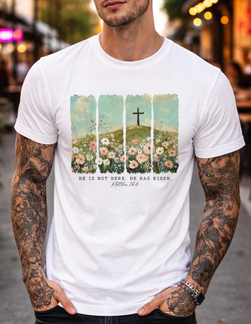Christian Easter T-Shirt He Is Risen Cross Floral Design Faith Graphic Tee S
