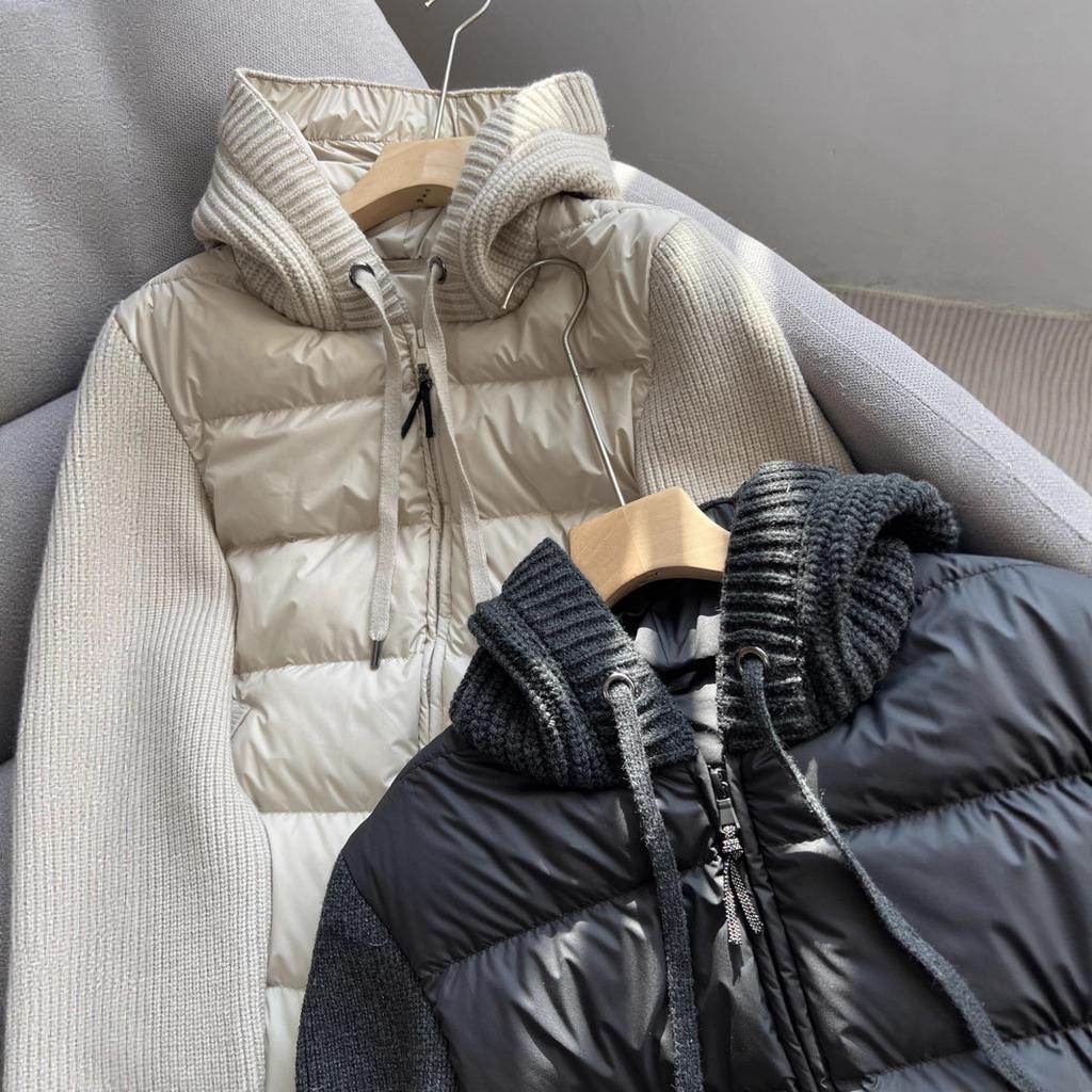 European Station Knitted Splicing Hooded White Goose Down Light and Thin Fashion Short Down Jacket Jacket Women Look Thin