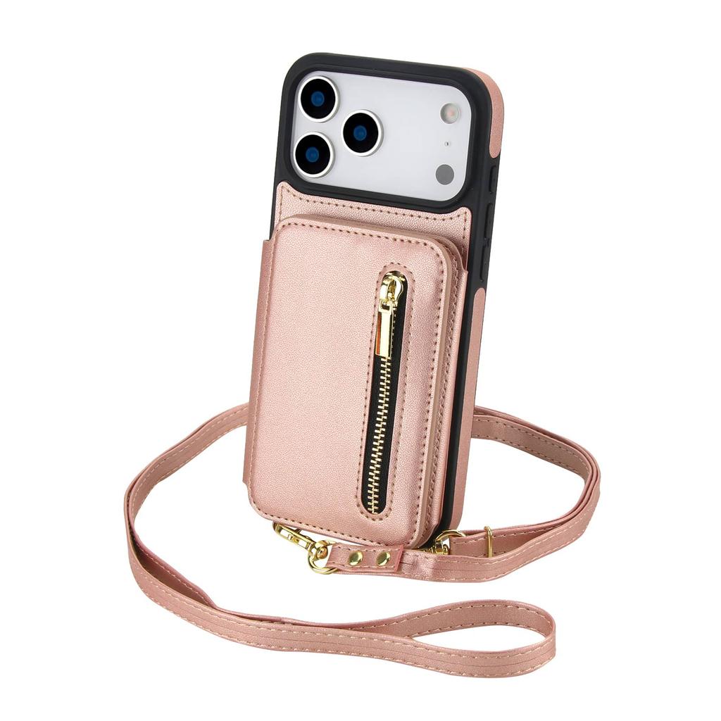 Zipper Wallet Case for iPhone 17/16e/16 Pro Max iPhone Air Women Crossbody Purse Credit Card Holder Lanyard Flip Kickstand Cover