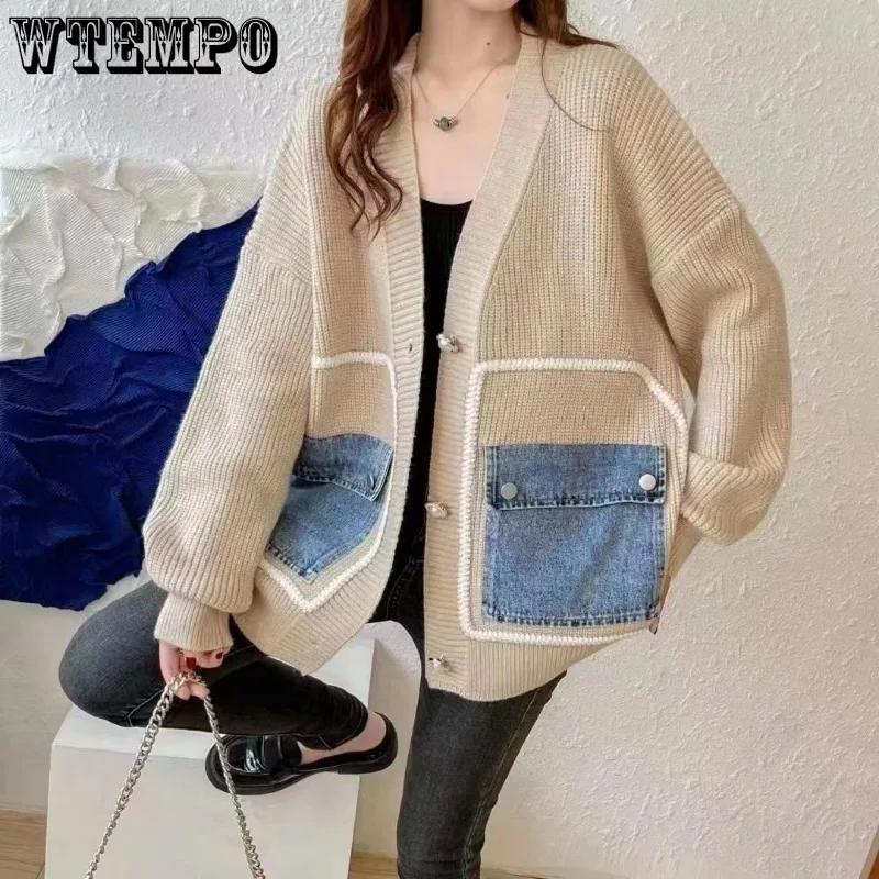 WTEMPO Loose Spliced Cardigan Women Open Front Sweater Long Sleeve V Neck Knitwear Female Coat with Patchwork Denim Pocket