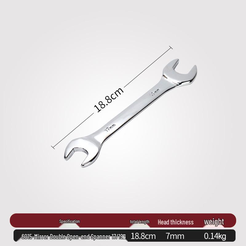 Double-Headed Open-End Wrench Set: Sizes 6-7, 8-10, 12-14, 14-17, 19-22.