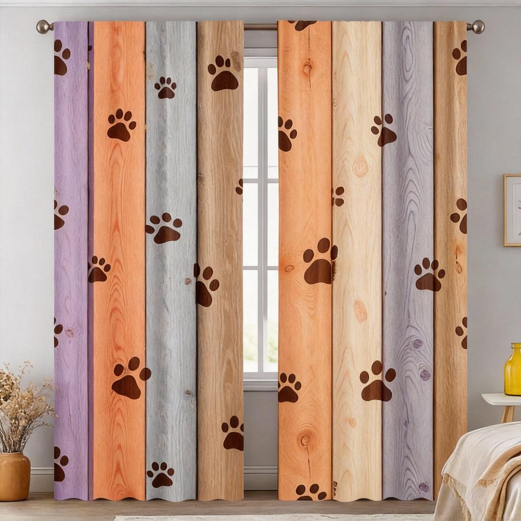 Rainbow Wood Curtains 2pcs – Dog Paw Prints on Pastel Planks, Whimsical Window Decor for Pet Lovers and Children’s Rooms