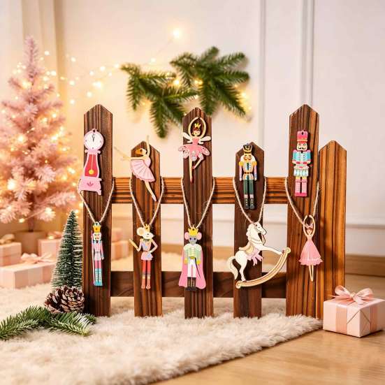 Handmade Christmas Tree Charms 10/20/30Pcs Nutcracker Wooden Ornaments, Pink Watercolor Hanging Decor with Cute Ornament Set for Kids Ballerina, Horse