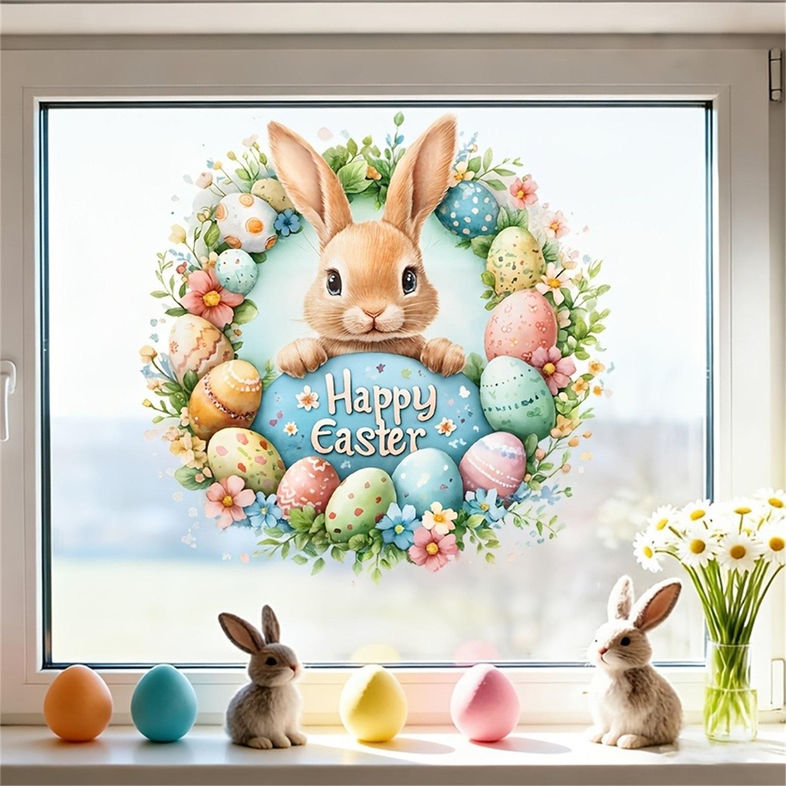 

Cute Bunny Easter Egg Wreath Pattern Stickers, Self-adhesive Home Decoration Window Stickers, Holiday Surface Decoration Stickers one size