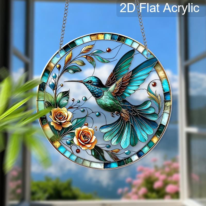 Acrylic Teal Hummingbird with Roses Suncatcher, Stained Glass Effect Window Hanging Ornament for Bird & Nature Lover Gifts