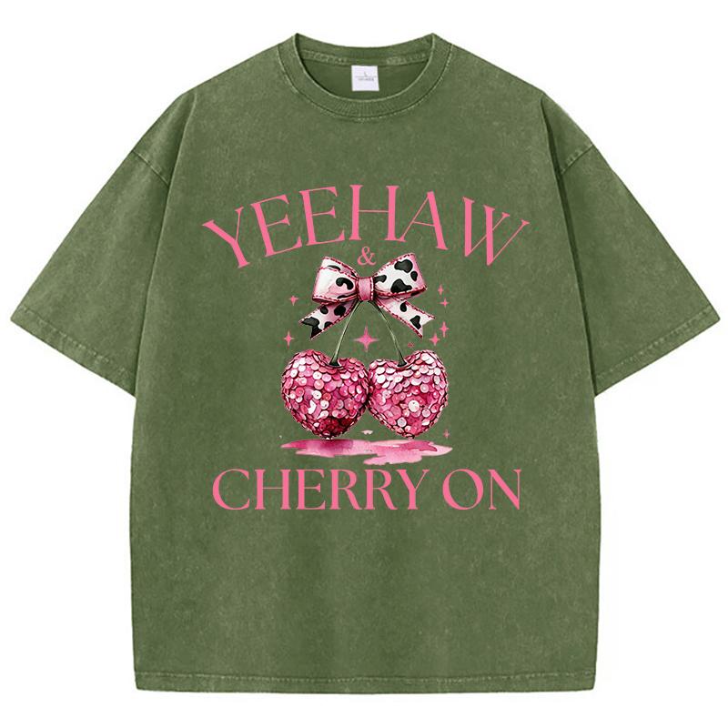 

Pink Bow Cherry Printing Washed TShirt Womens Cotton T Shirts Comfortable Distressed ONeck Tops Summer Casual Womans Clothes S
