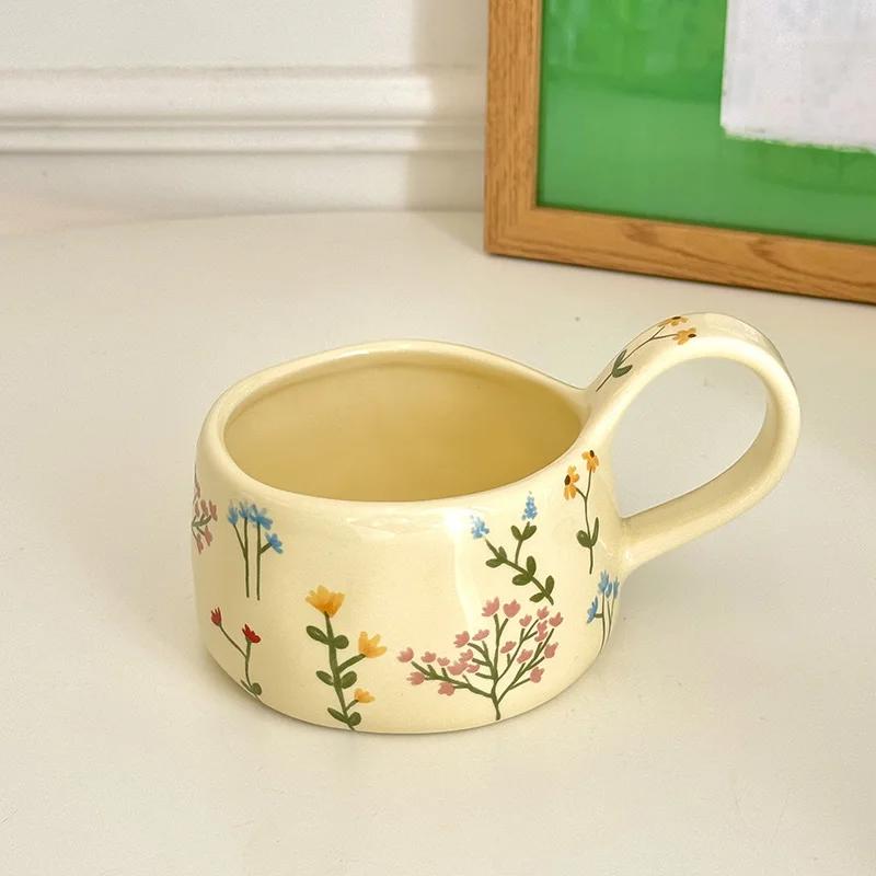 Cream Yellow Ceramic Mug Korean Style Cute Flower Pattern Coffee Cup Hand Pinched Irregular Mug Breakfast Milk Tea Cups Watercup