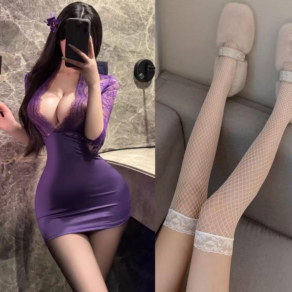 Sexy Lace Purple Hip Skirt Gathering Erotic Underwear Secretary OL Playing Suit No Temptation Robe
