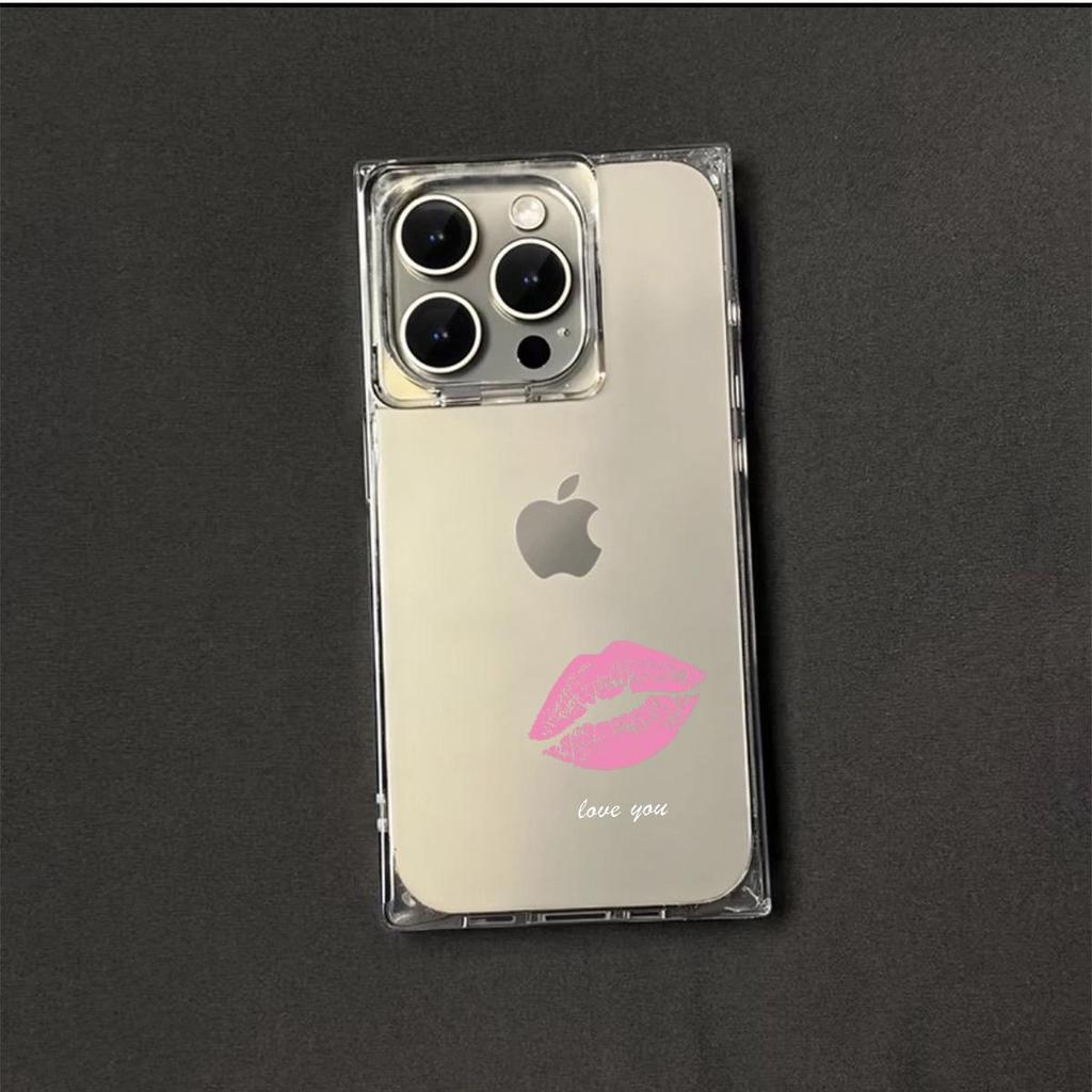 Square Back Tube Protection Clear Case For iPhone 14 Pro Max 15 Plus 11 13 12 16 ProMax Anti-Oxygen,Simple Pink Lips Pattern Casing