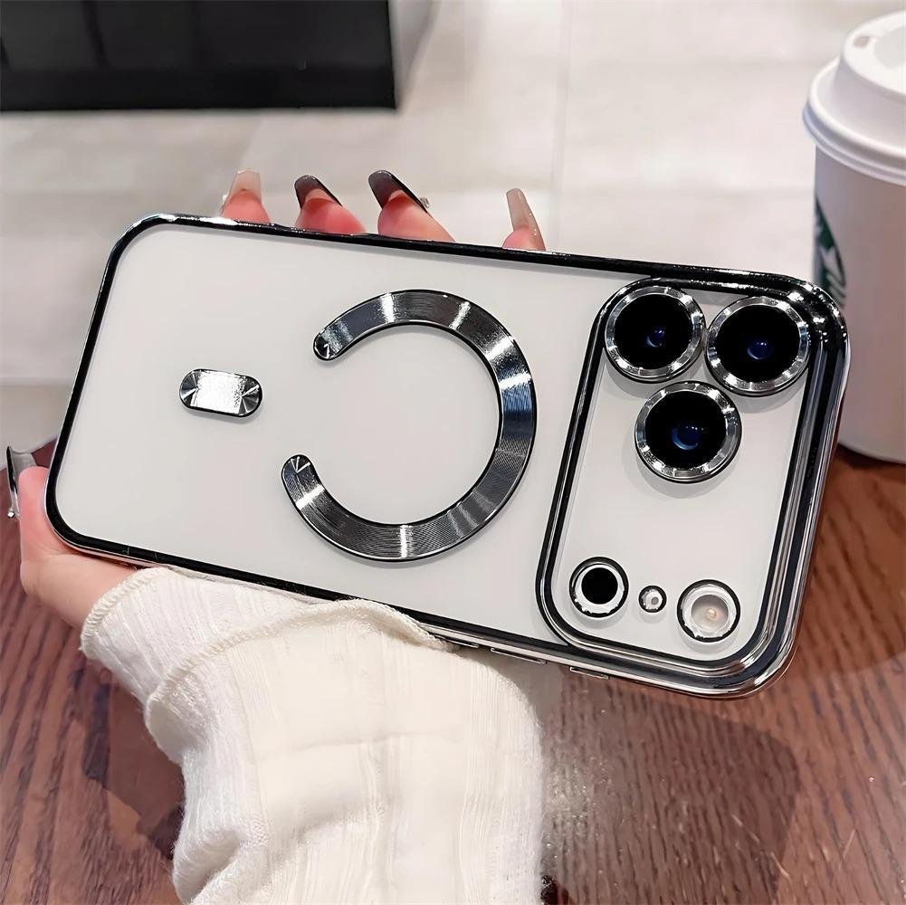 

Fashion Plating Magnetic Soft Phone Case For iPhone 11 12 13 14 Plus 15 16 17 Pro Max For Magsafe Lens Film Translucent Cover iPhone 14 Pro