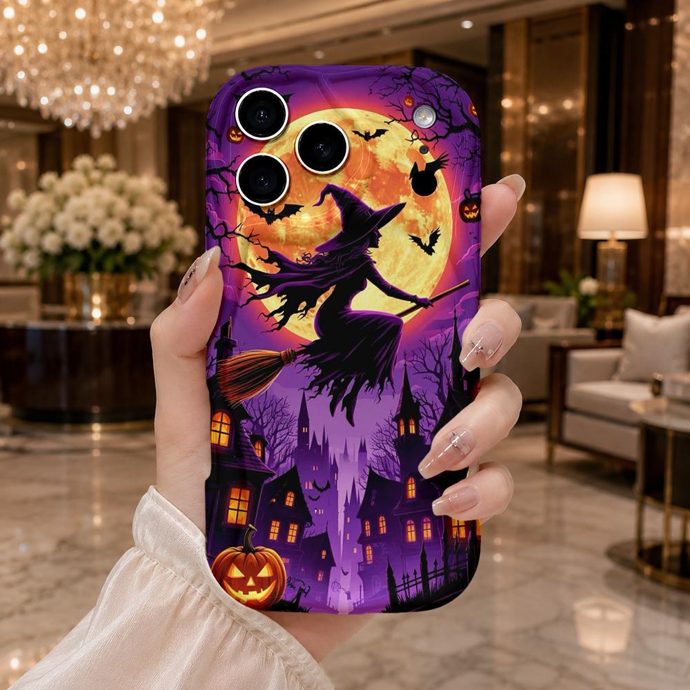 Wavy Edge Phone Case For iPhone 16 15 14 Pro Max 13 12 11 Mini XR XS SE Halloween Flying Witch Castle
