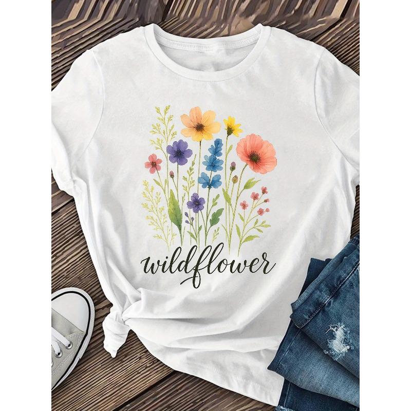 Beautiful Small Flower Pattern Women's Short-sleeved Shirts, Women's Clothing, Casual Short-sleeved T-shirts, Women's Clothing