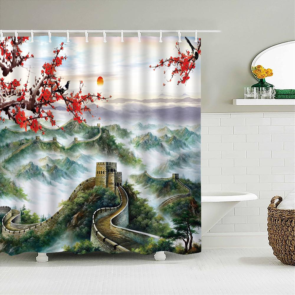 Shower Curtain Ink Painting Plant Flower Landscape 3D Printing Bathroom Curtain Polyester Waterproof Home Decor Curtain 180X180