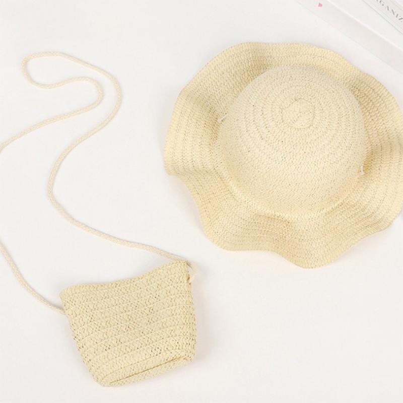 Summer Children's Wavy Edge Wide Brim Straw Hat And Woven Bags Travel Beach Sun Cap