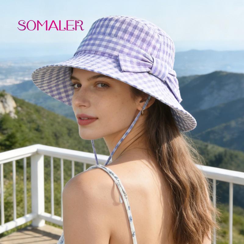 SOMALER Women's Summer Plaid Sun Hat Cotton Beach UV Protection Bucket Hat