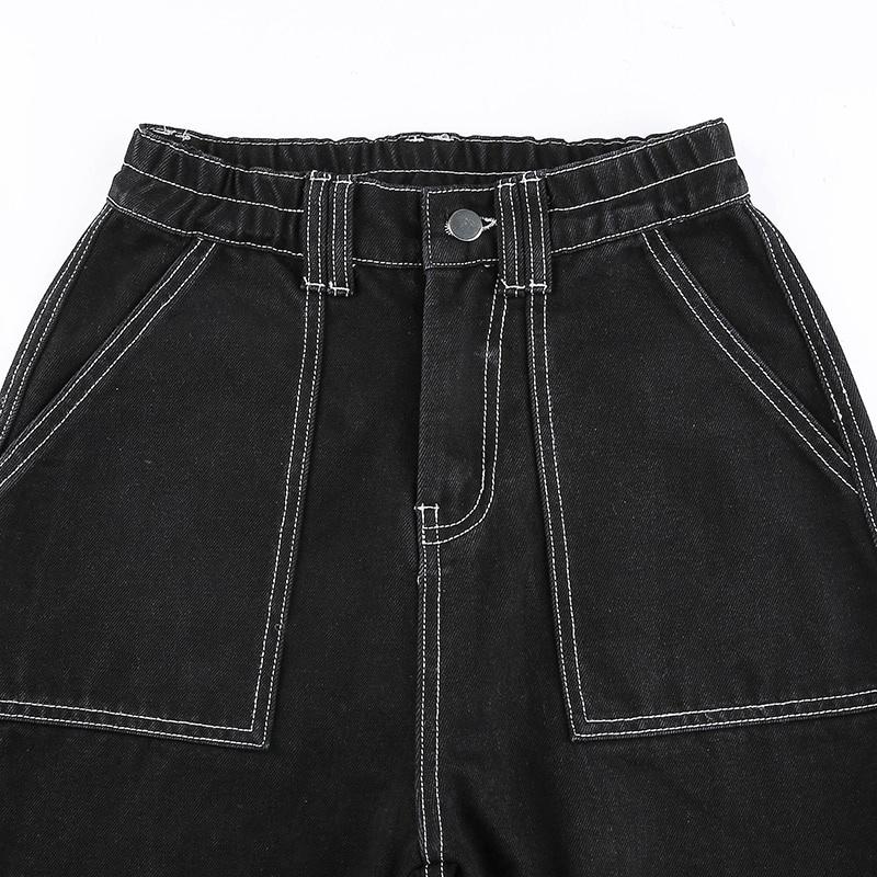 Pantaloni Cargo Streetwear Urbani, Pantaloni a Gamba Dritta Larghi a Vita Alta con Tasche Multiple, Jeans Neri Casual da Donna