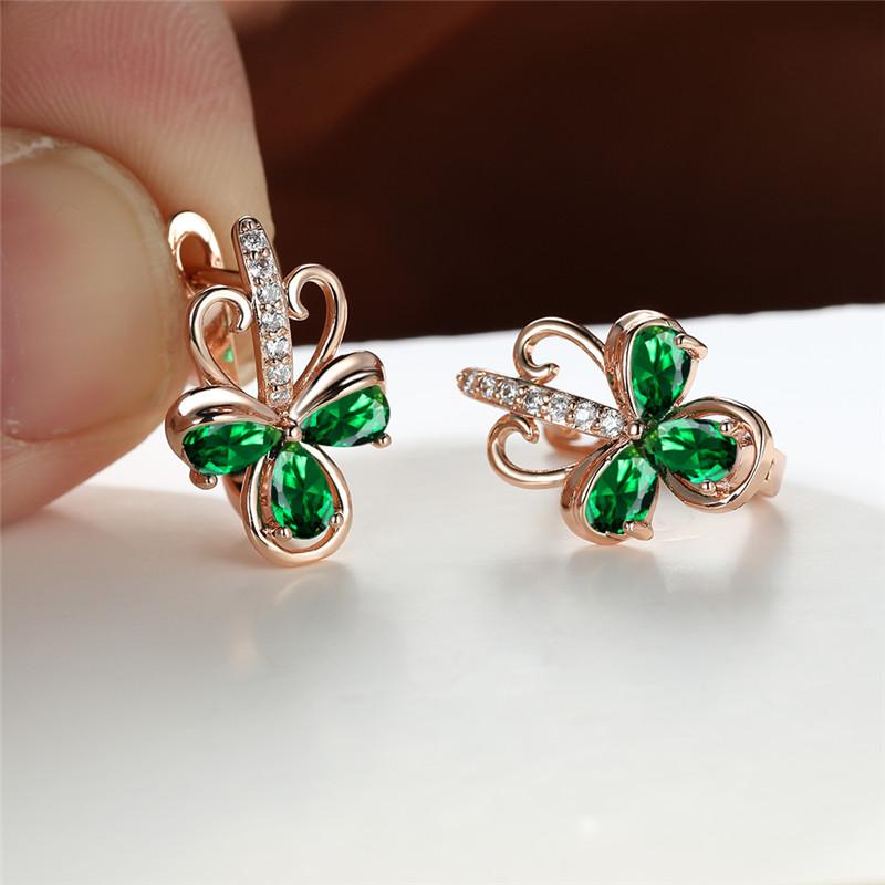

Charm Female Green Zircon Stone Flower Clip Earrings Vintage Gold Color Wedding For Women зелений