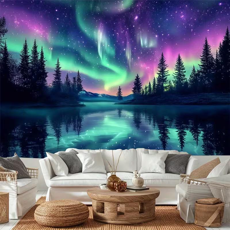 Enchanting Aurora Tapestry, Vibrant Northern Lights Dancing Over a Mirror-Like Lake and Pine Forest, Mystical Night Wall Art