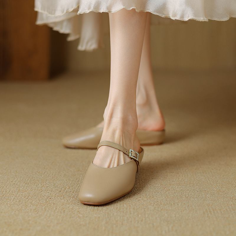 Krazing Pot, mulas de cuero de plena flor, punta cuadrada, tacones bajos, zapatillas exteriores de otoño, zapatos de verano, zapatos de tacón para mujer