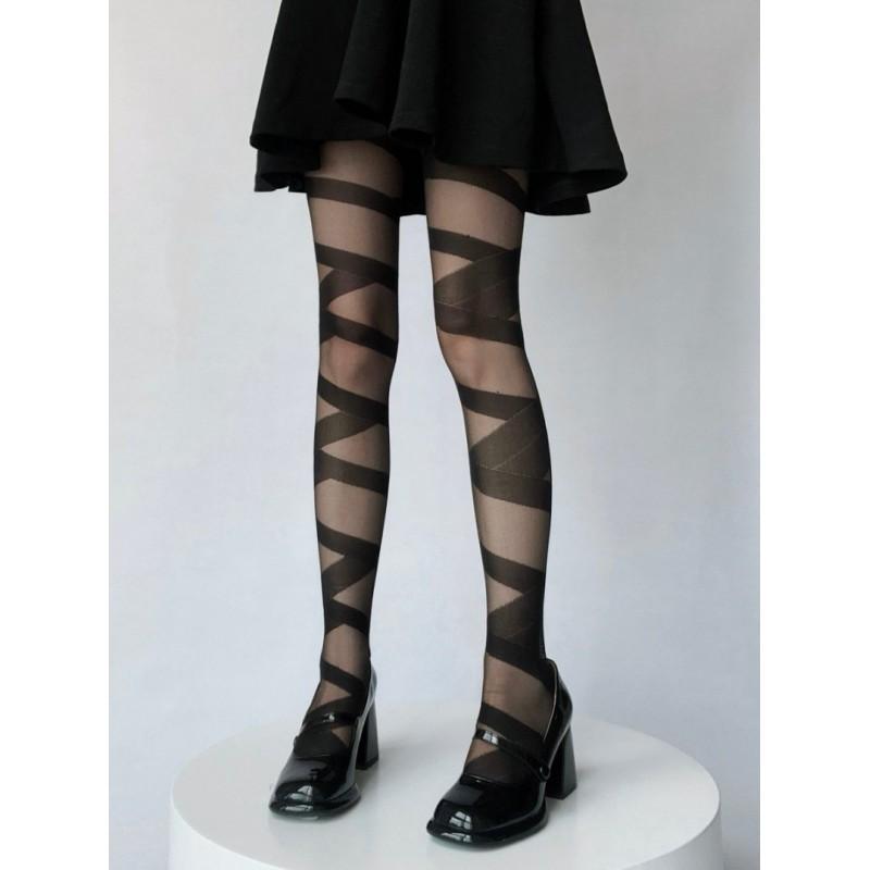 Sheer 15D Thigh High Stockings With Striped Bandage Detail Womens Thin Pantyhose JK Style Sexy Fashion