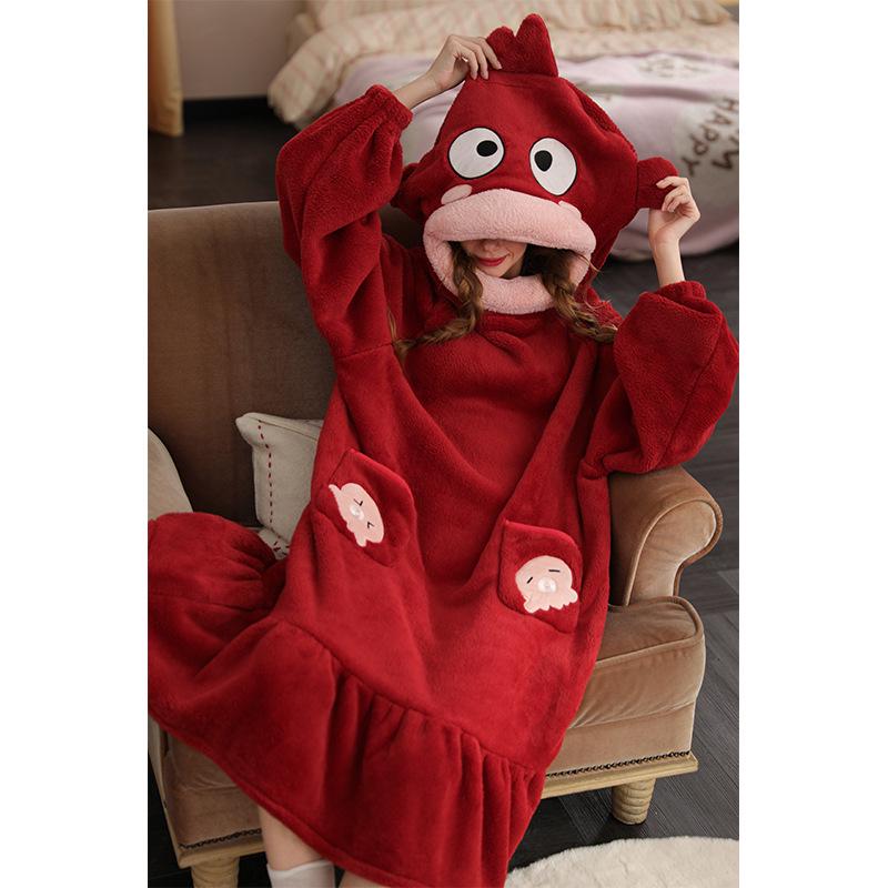 Rouxian Women's Cozy Coral Fleece Hooded Pajamas & Bathrobe for Autumn/Winter