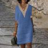 Women's Solid Color V-Neck Lace Medium Sleeved Cotton Linen Casual Dress