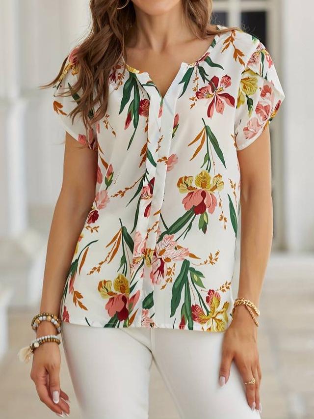 

2024 Европейская и американская цветочная шифоновая рубашка с коротким рукавом - Коллекция весна/лето S цветочный