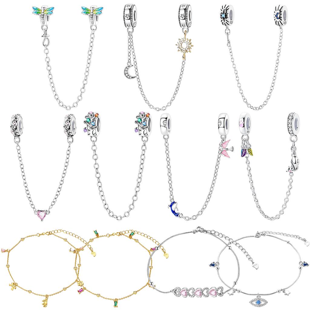 New Copper Safety Chain Butterfly Heart Tree Moon Dangle Charms Anklet Bead Fit Original Bracelet Diy Women Jewelry