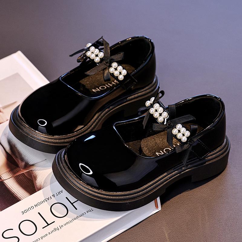 Flickors Pärlrosett Läder Prinsesskor - Mjuk Sula Koreansk Stil för Våren 2026