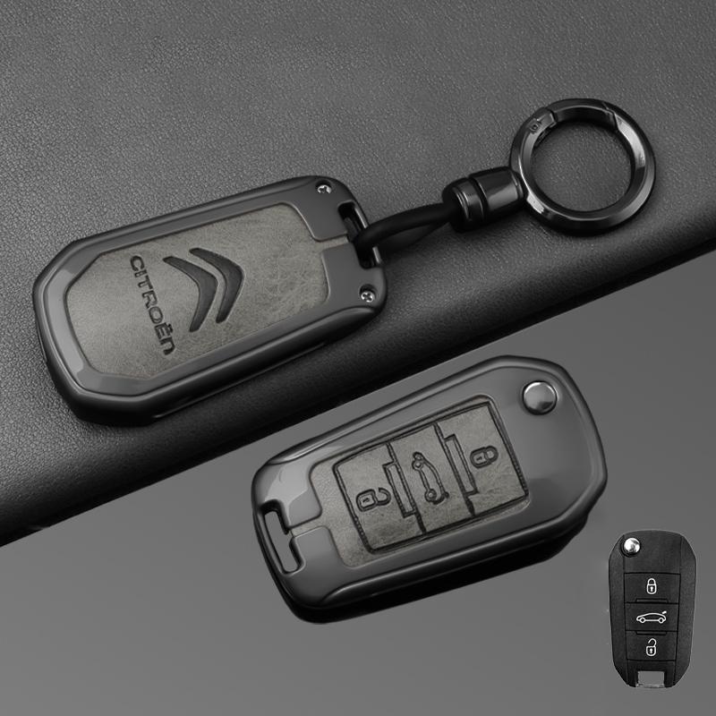 

Leather Zinc Alloy Car Flip Key Case Cover Holder Shell Kerring For Citroen C3 C4 CACTUS C6 C8 Auto Key Protector Accessories