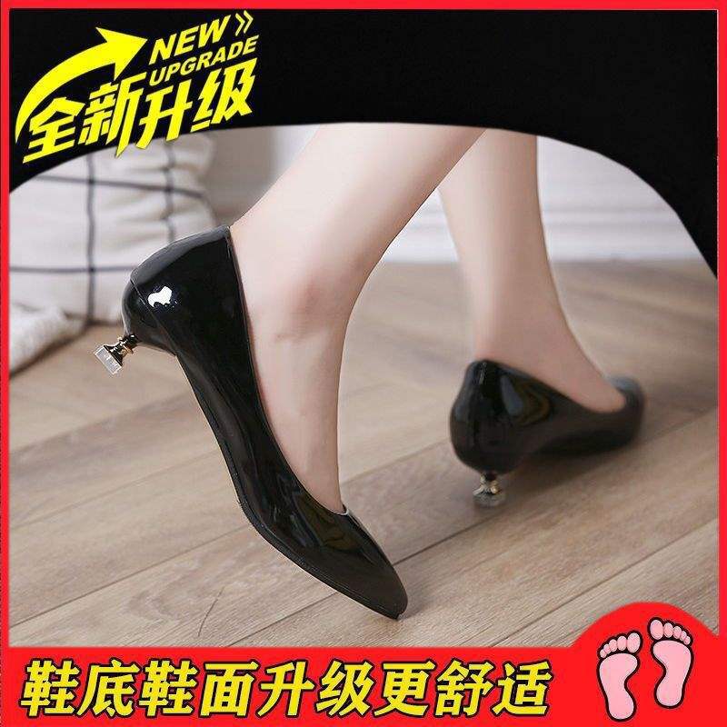 3Cm cat heel low heel spring and autumn thin heel bright leather single shoes pointed black candy color versatile simple comfortable work shoes