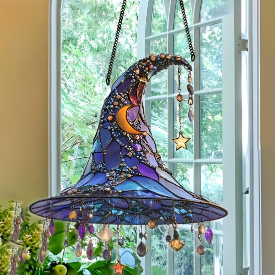 Halloween Witch Hat Hanging Decoration Stained Glass 2D Flat Acrylic Creepy Bat Skull Suncatcher Indoor Outdoor Wall Window Hanging Sign Ornament