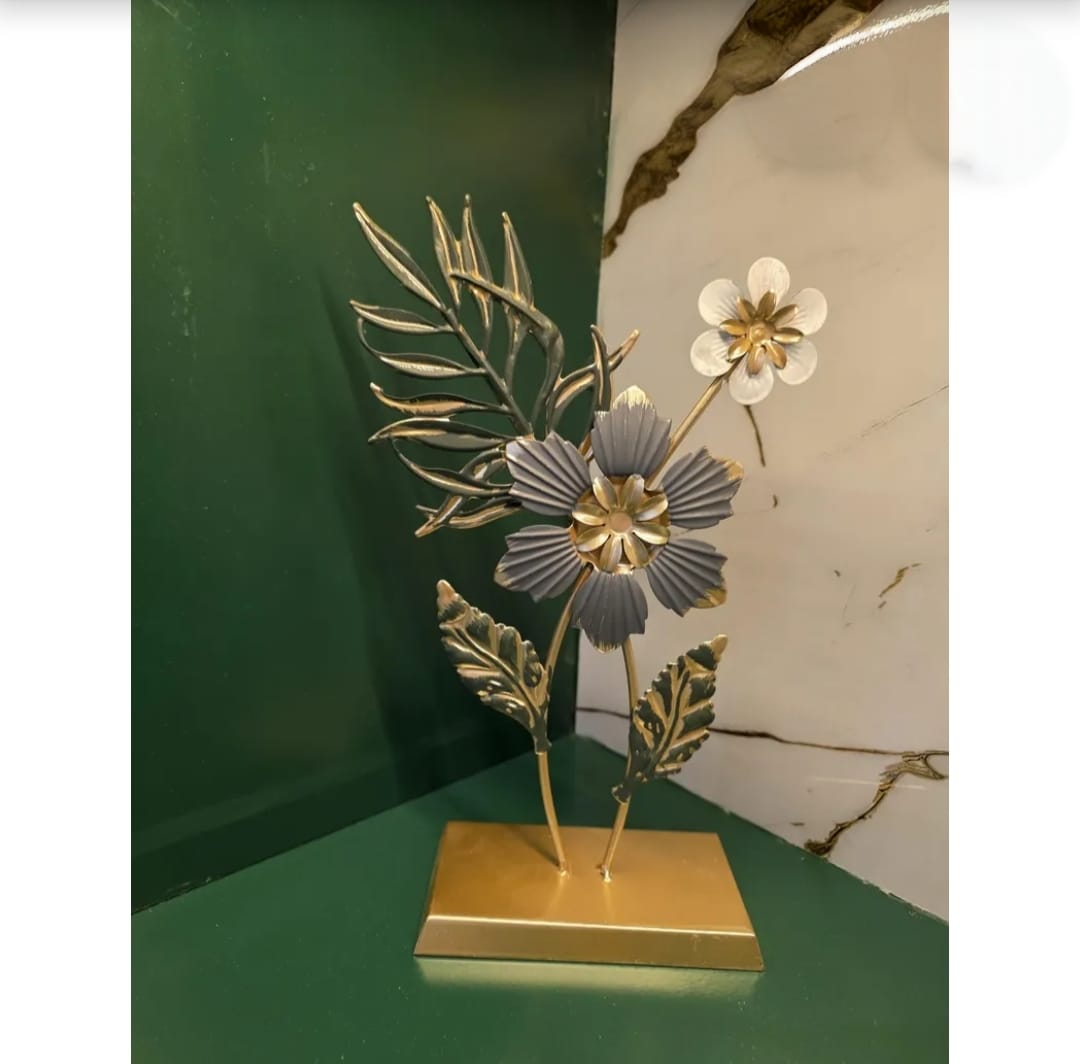 

Metal Floral Table Decor Gold & Grey Flower Sculpture Modern Flower Centerpiece Elegant Home Decor Accent Desk Shelf, Living Room Decoration