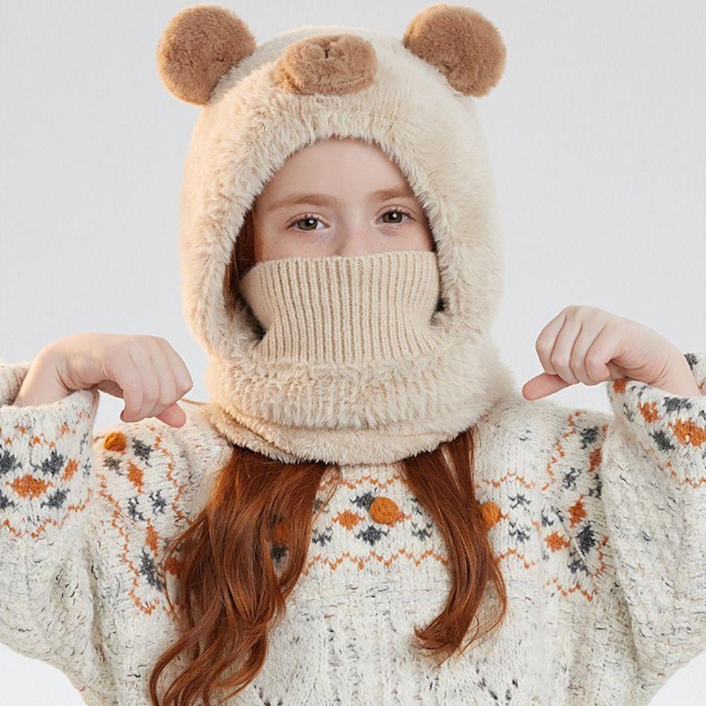 Thick Warm Children's Balaclava Hat Plush Kids Bear Hat Pullover Cap Face Guard Hat Cold Weather