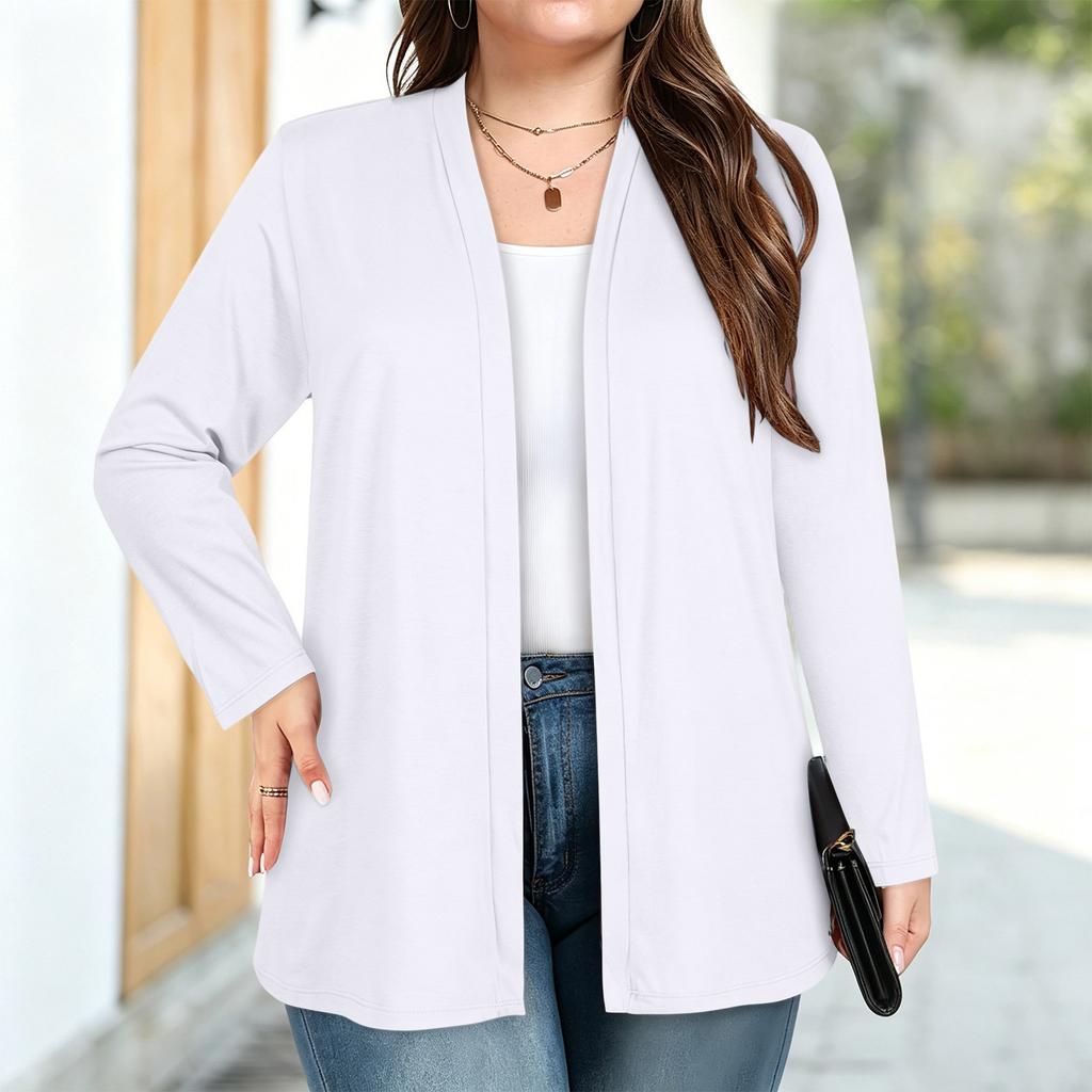 Women's Plus Size Soft Milk Silk Cardigan with Three-Quarter Sleeves and Pockets for Casual Everyday Wear
