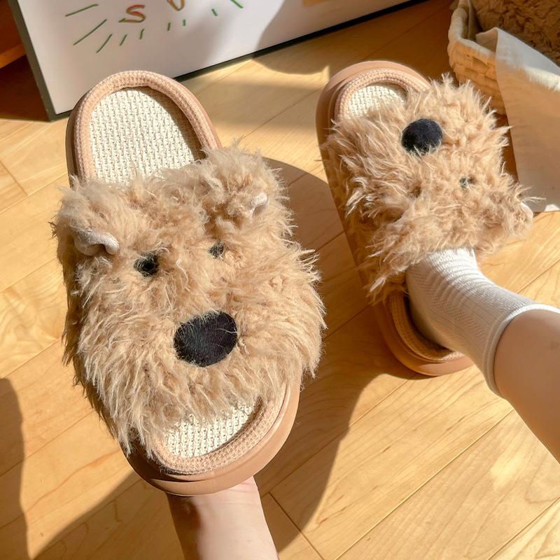 Fashion Women Slippers Cartoon Dog Cute Indoor Linen Casual Slippers Comfortable Platform Spring Autumn 2025 Home Couple Fluffy Slippers