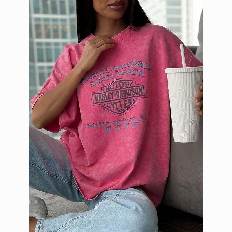 Washed rose red old retro trendy brand printing loose fashion versatile and thin ins summer new short-sleeved T-shirt women