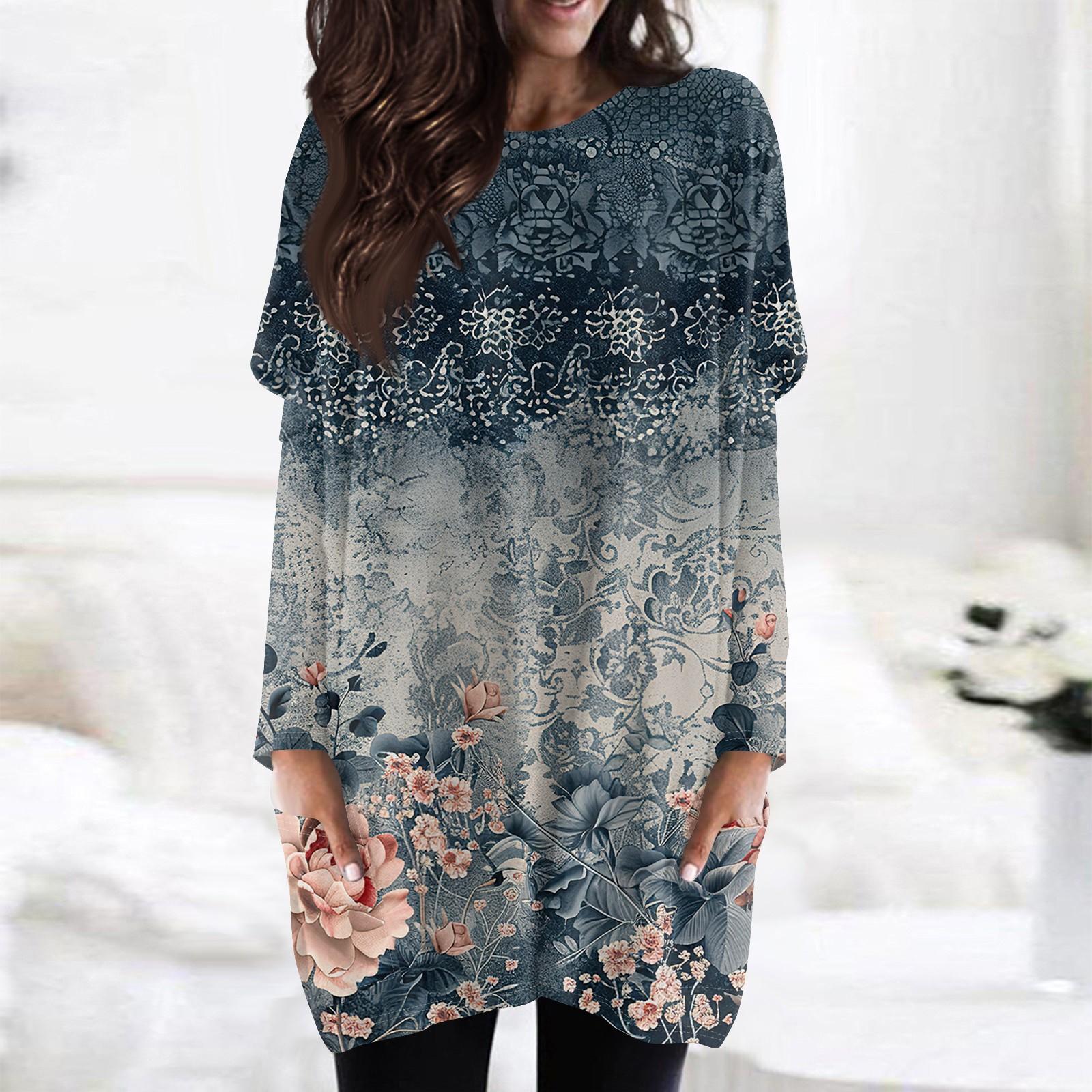 

Женская модная повседневная футболка с длинным рукавом и принтом, круглым вырезом и двойным карманом, топ M тёмно-синий