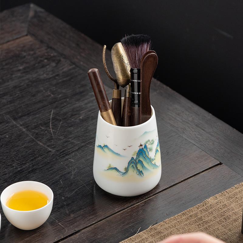Suet jade porcelain black sandalwood six gentlemen set tea accessories tea needle tea spoon tea clip tea pen tea needle set of high-end tools
