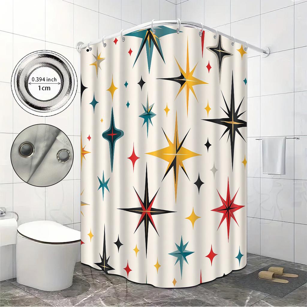 1Pc Color Star Print Perforated Waterproof Shower Curtain Shower Privacy Multi Size Hanging Curtain 12 Hooks Easy Installation