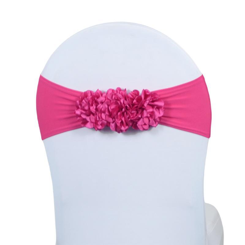 Faixa de Cadeira de Cetim Elástico em Várias Cores Design Elástico com Flor 3D Para Decoração de Casamento Banquete Festa Evento