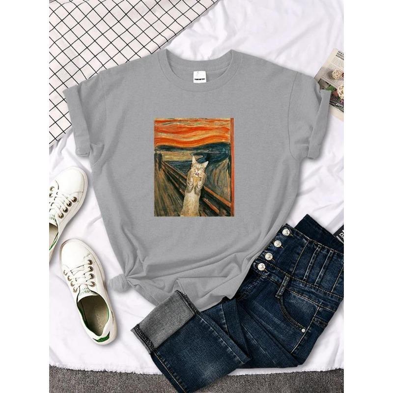 Tshirts Surprised Kitten Oil 3D Painting Print Women T-Shirts