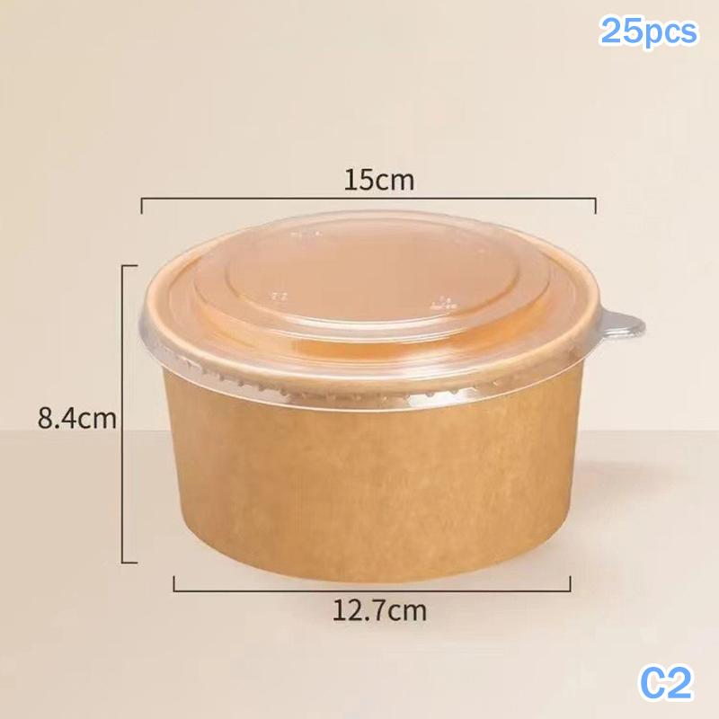 25pcs Kraft Paper Bowls Cups Fruit Salad Bowl Kraft Containers Salad Food Prep Kraft Box Cream Ice Snack Storage 500/750/1000ml