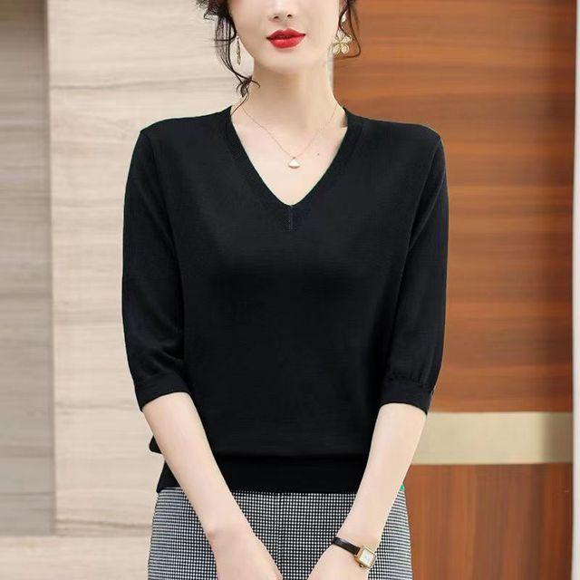 Новая летняя футболка с v-образным вырезом, женская свободная тонкая вязаная рубашка, однотонный трикотаж с короткими рукавами, топ S-3XL L чёрный