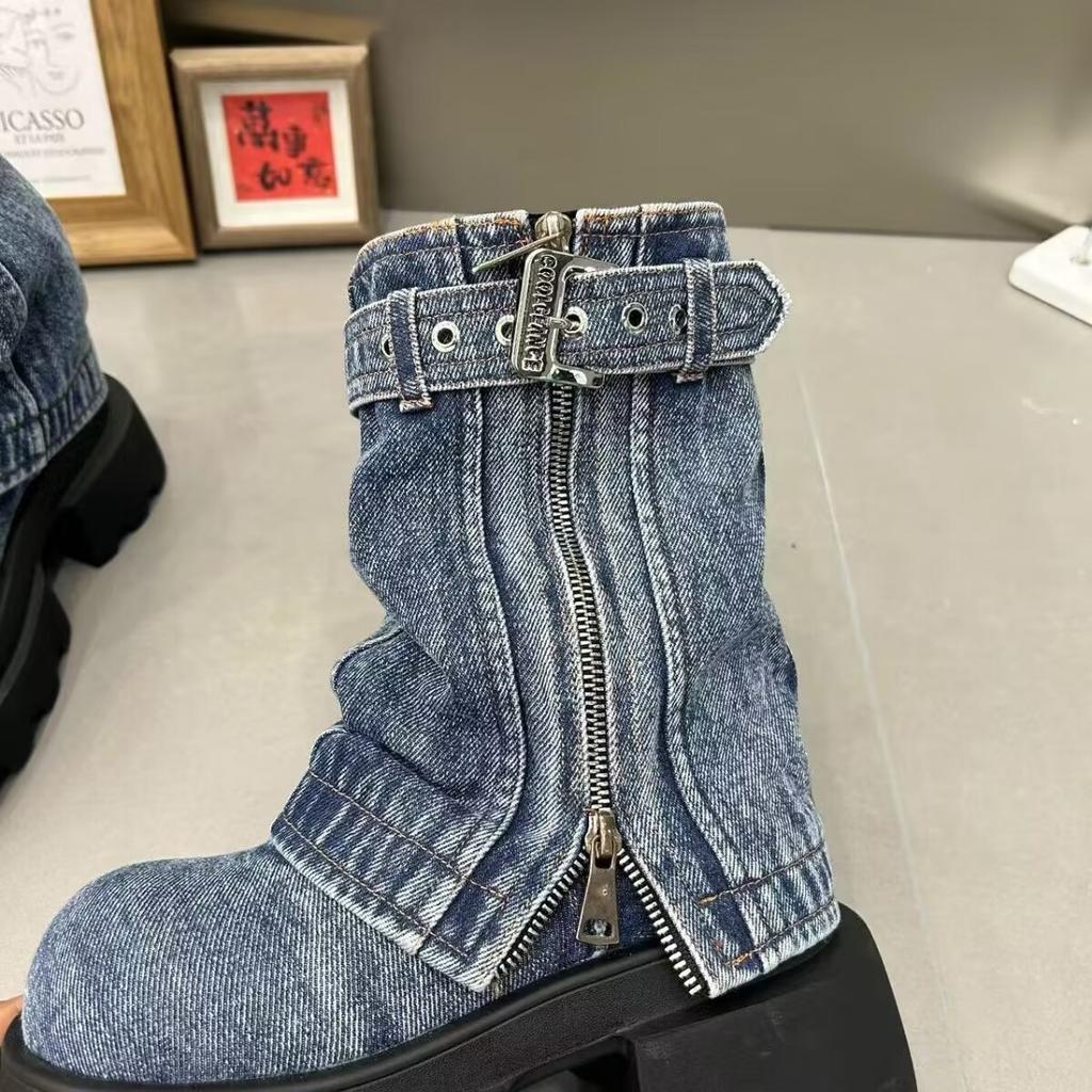Designer Denim Women Ankle Boots Fashion Elegant Side Zippers Belt Buckle Shoes Thick Heel Women's Morder Short Booties