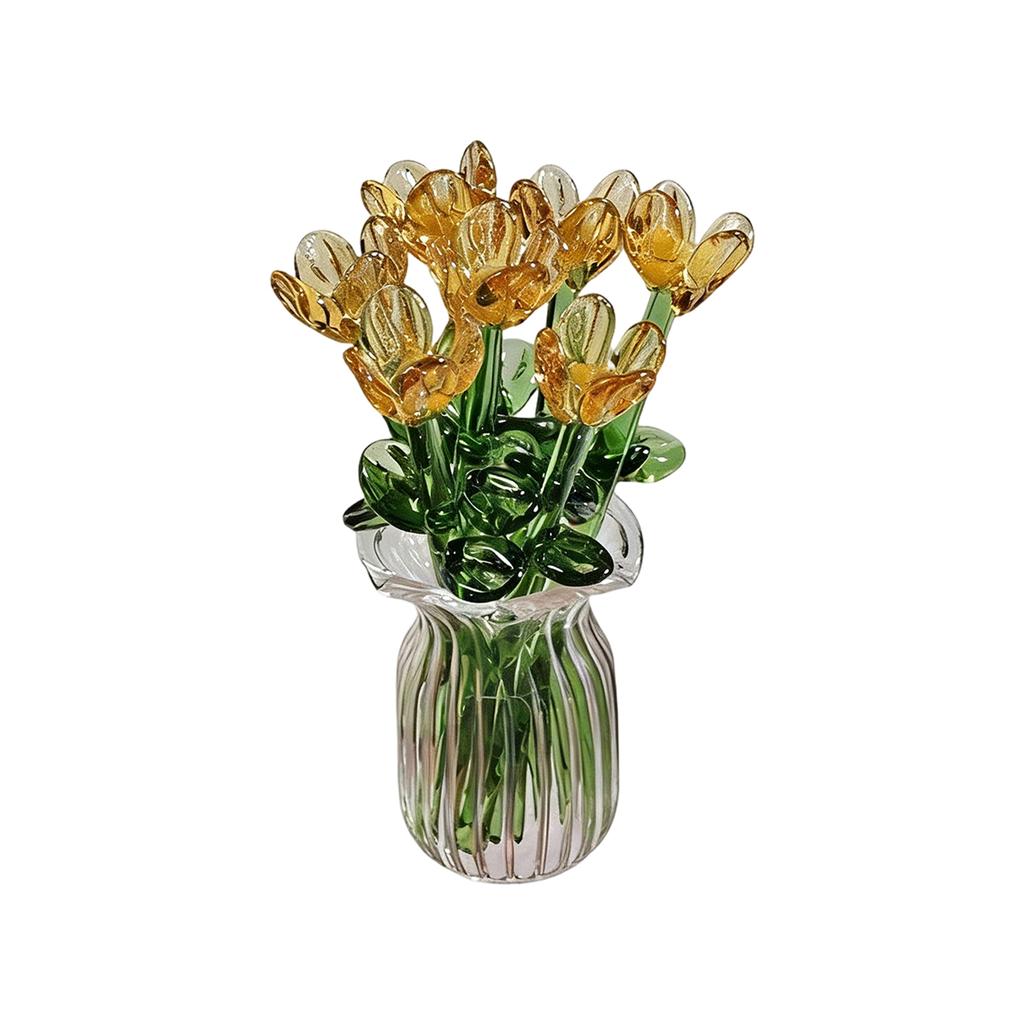 Glasblumen in Vase, Glasblumen in Vase mit Stielen, 7 Farbige Miniatur-Glasblumen, Glasblumenstrauß zum Muttertag