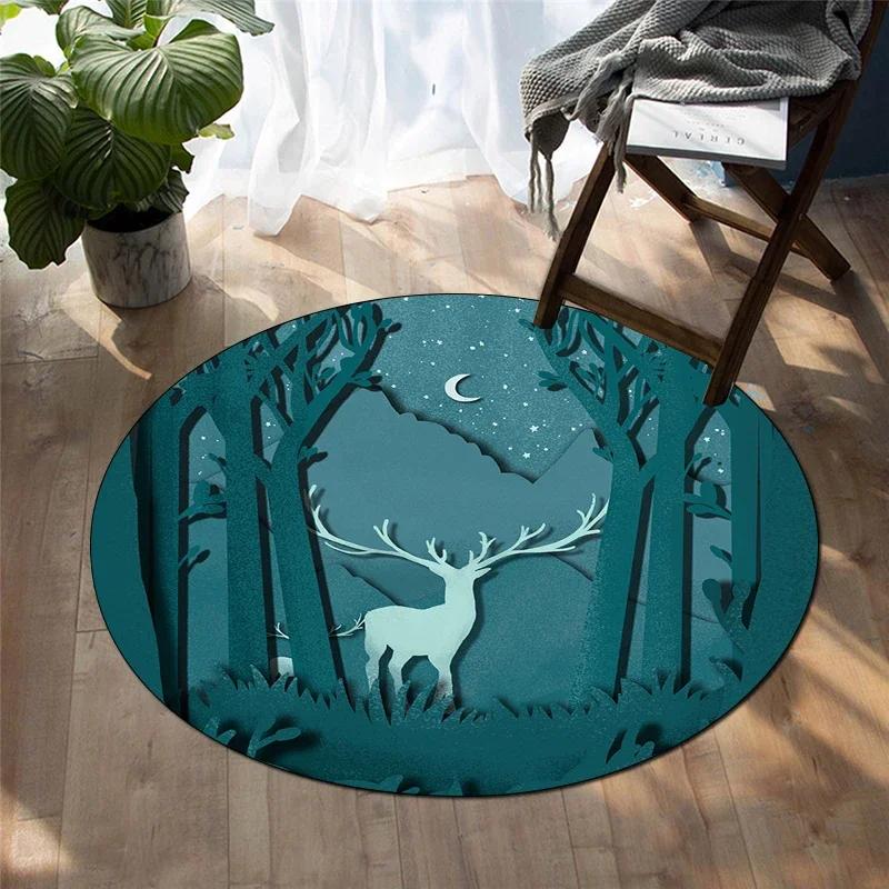 Forest Deer Round Carpet Soft Cartoon Rug Non-Slip Circle Floor Mat for Living Room Bedroom Sofa Bathroom Children's Dorm Decor