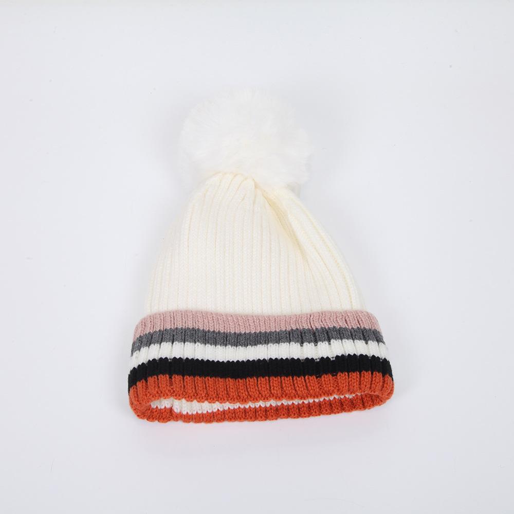 Autumn and winter hairball flanged knitted hat men's and women's color striped edge fashion warm wool hat