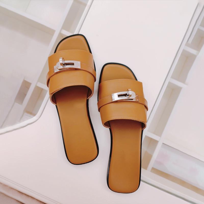 Schaffellversion~ Französische Metallschloss-Slipper Damen Sommer Leder Zehenfrei Flachbodenmode Oberbekleidung Coole Slipper