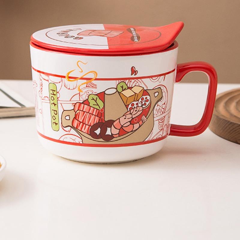 Ins Style Creative Instant Noodle Ceramic Cup Bowl with Cover Bento Box Student Lunch Box Instant Noodle Bowl Soup Bowl Set